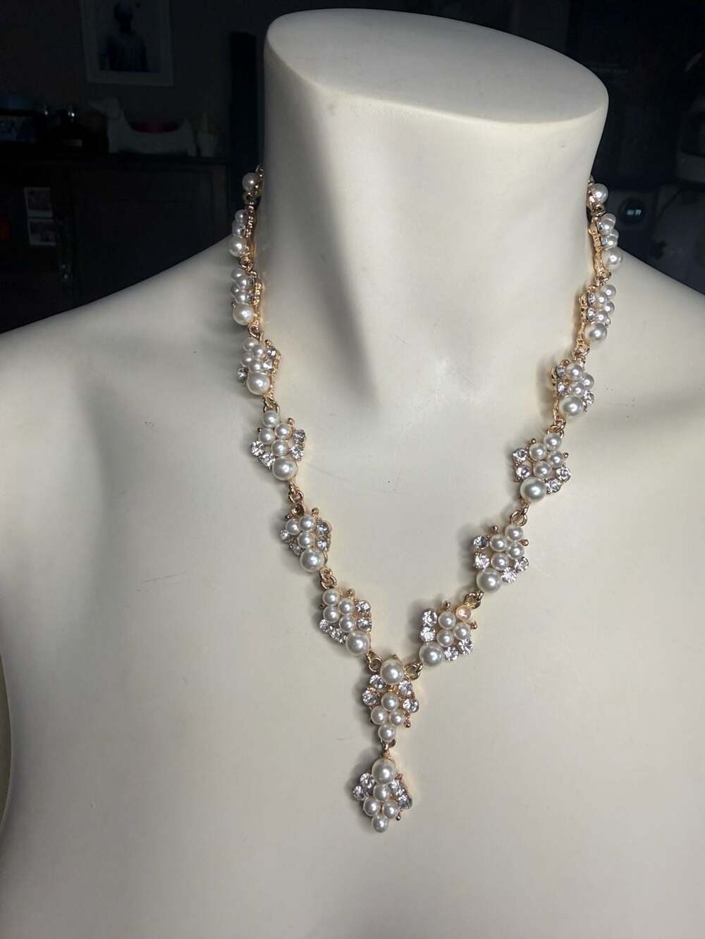 Gold Tone Faux Pearl and Rhinestone Cluster Statement Necklace with Drop
